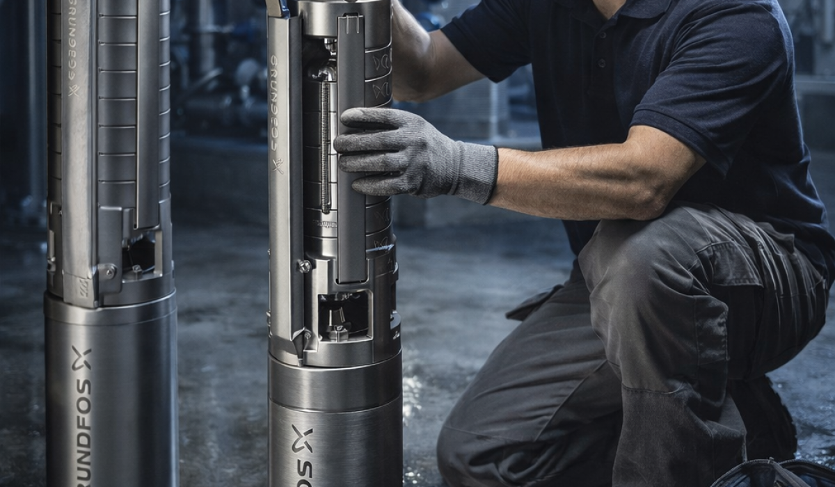 Technician maintaining submersible pump